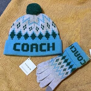 Coach Teal and Light Blue Knit Hat and Gloves